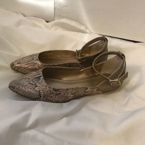 Snakeskin ankle strap flats
